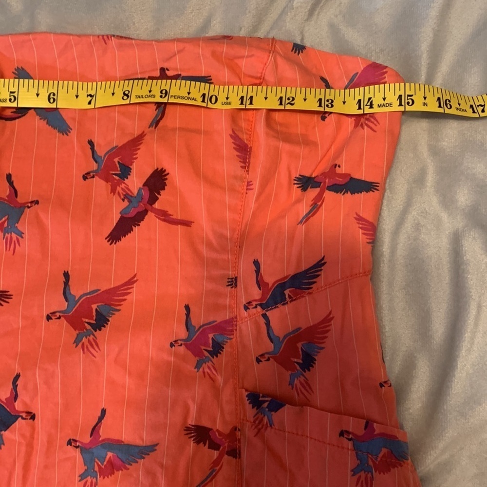 Free people coral pin stripe Orange Parrots bird Print Strapless Dress pockets 6 - Picture 7 of 8
